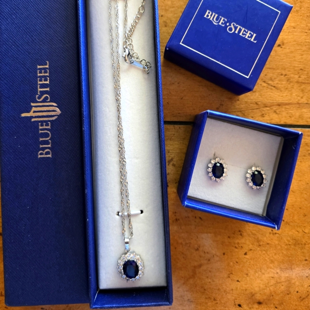 NEW Genuine Blue Steel necklace and earrings set.